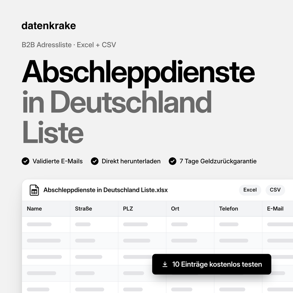 Abschleppdienste in Deutschland Liste – B2B Adressliste als Excel und CSV