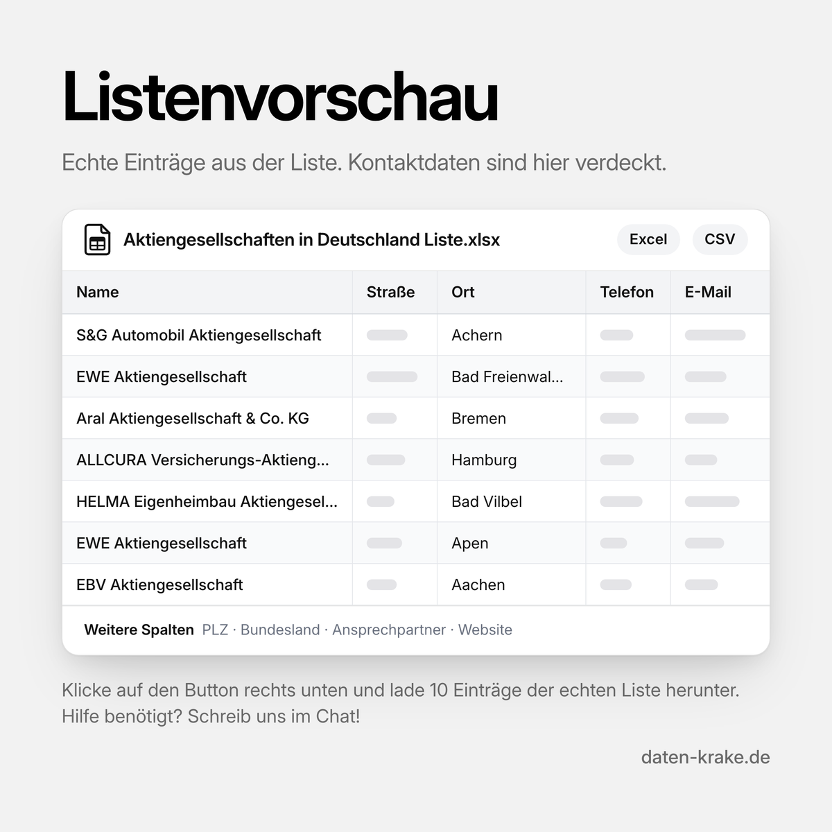 Listenvorschau der Aktiengesellschaften in Deutschland Liste mit echten Einträgen