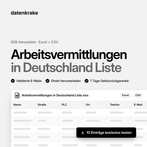 Arbeitsvermittlungen in Deutschland Liste – B2B Adressliste als Excel und CSV
