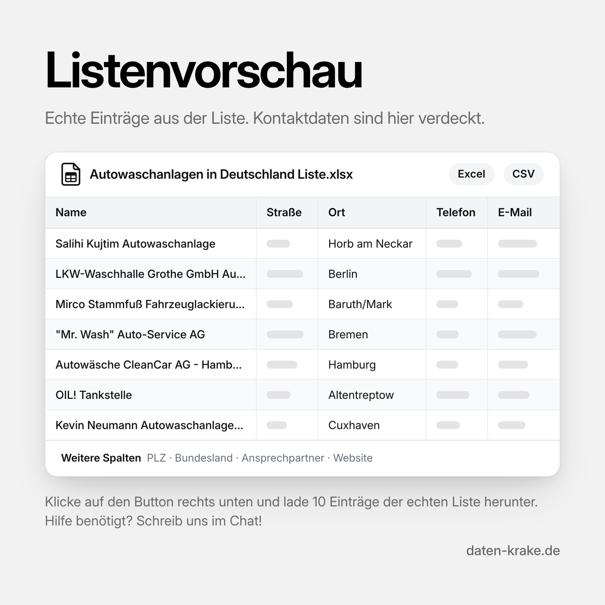 Listenvorschau der Autowaschanlagen in Deutschland Liste mit echten Einträgen