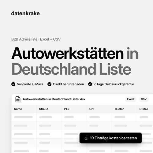 Autowerkstätten in Deutschland Liste – B2B Adressliste als Excel und CSV