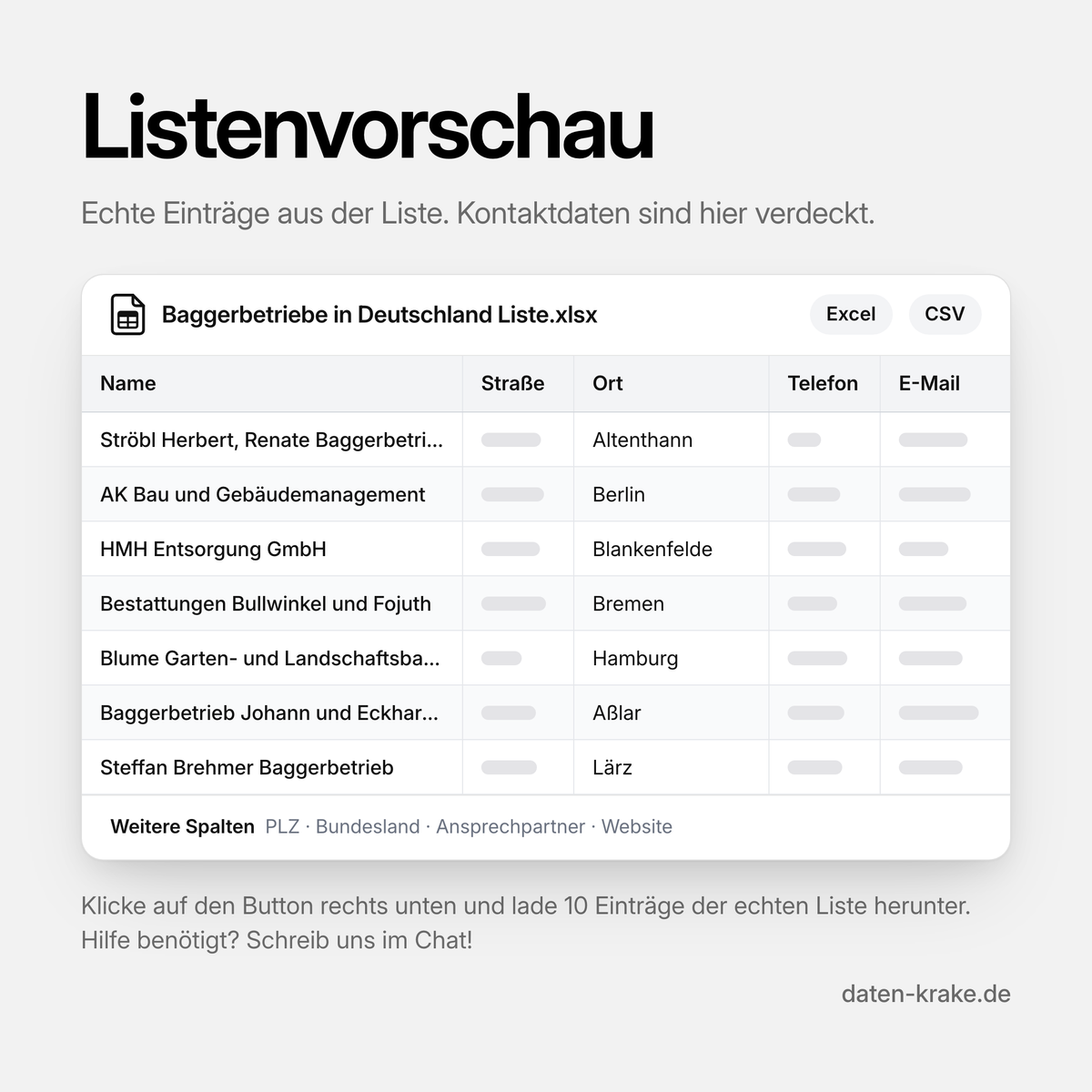 Listenvorschau der Baggerbetriebe in Deutschland Liste mit echten Einträgen