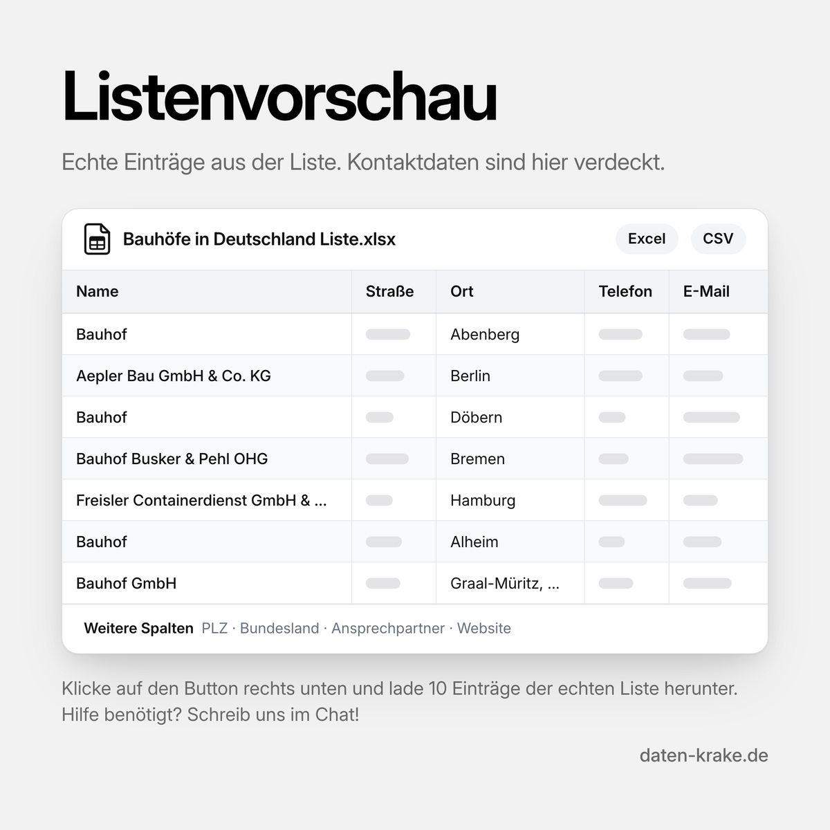 Listenvorschau der Bauhöfe in Deutschland Liste mit echten Einträgen