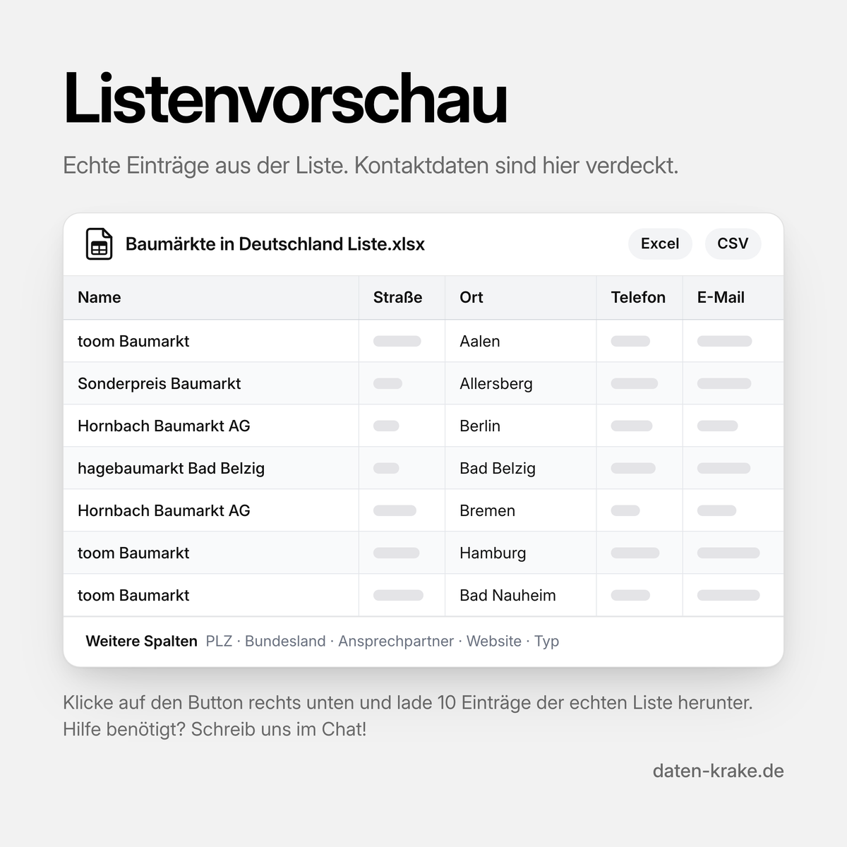 Listenvorschau der Baumärkte in Deutschland Liste mit echten Einträgen