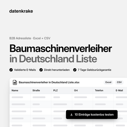 Baumaschinenverleiher in Deutschland Liste – B2B Adressliste als Excel und CSV