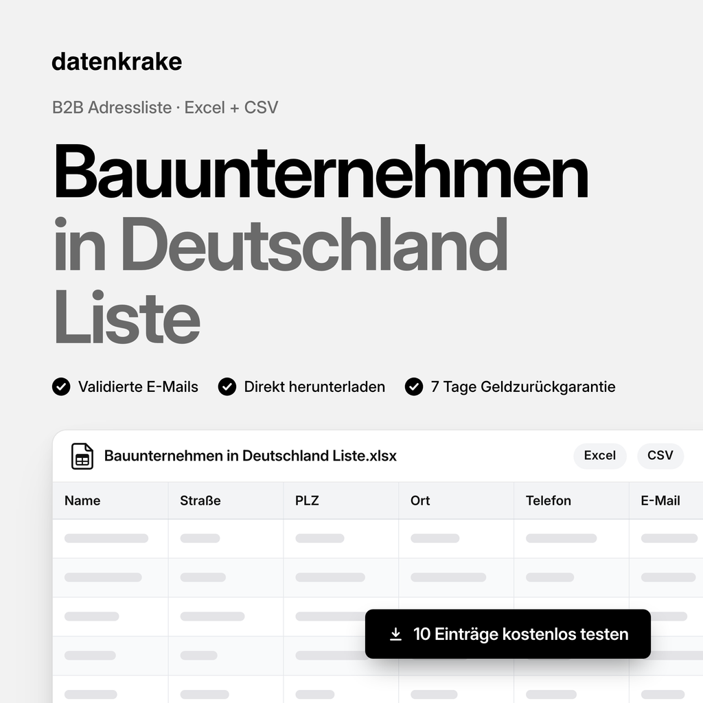 Bauunternehmen in Deutschland Liste – B2B Adressliste als Excel und CSV