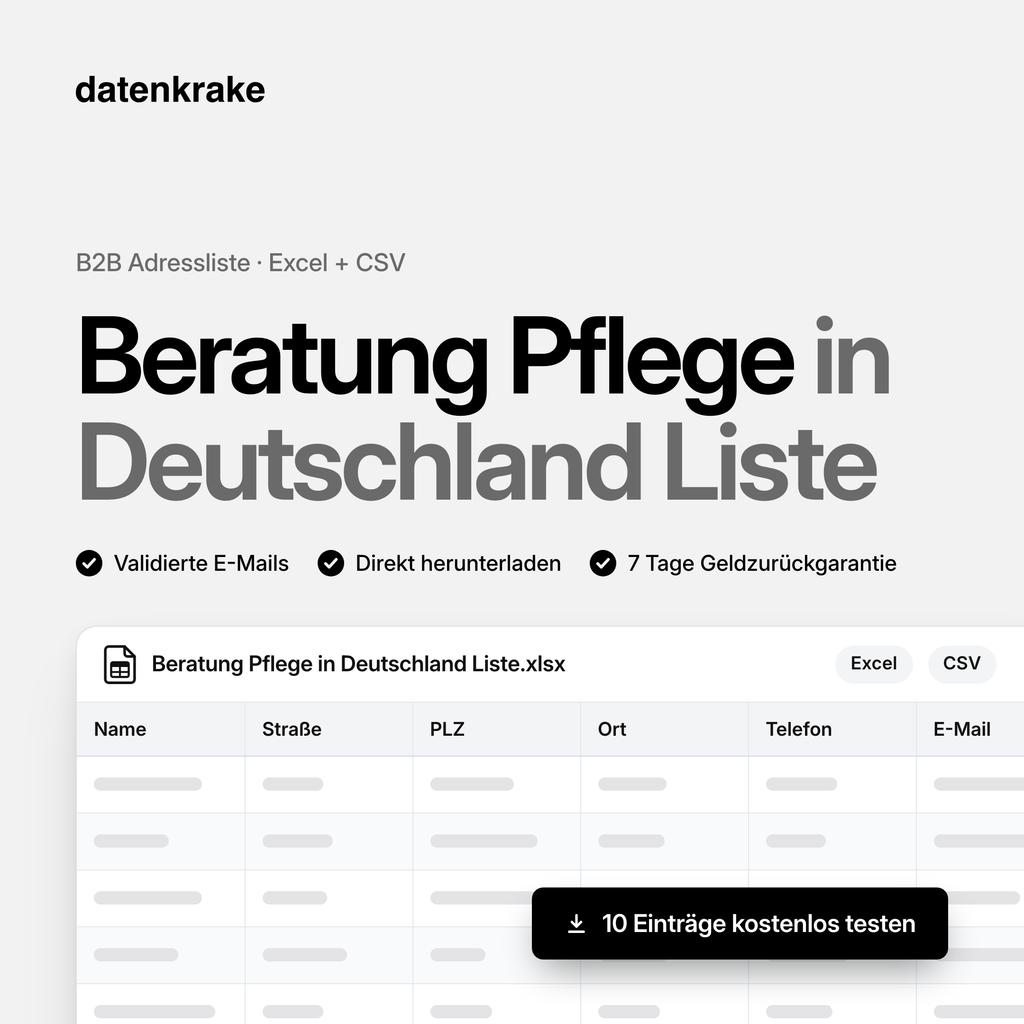 Beratung Pflege in Deutschland Liste – B2B Adressliste als Excel und CSV