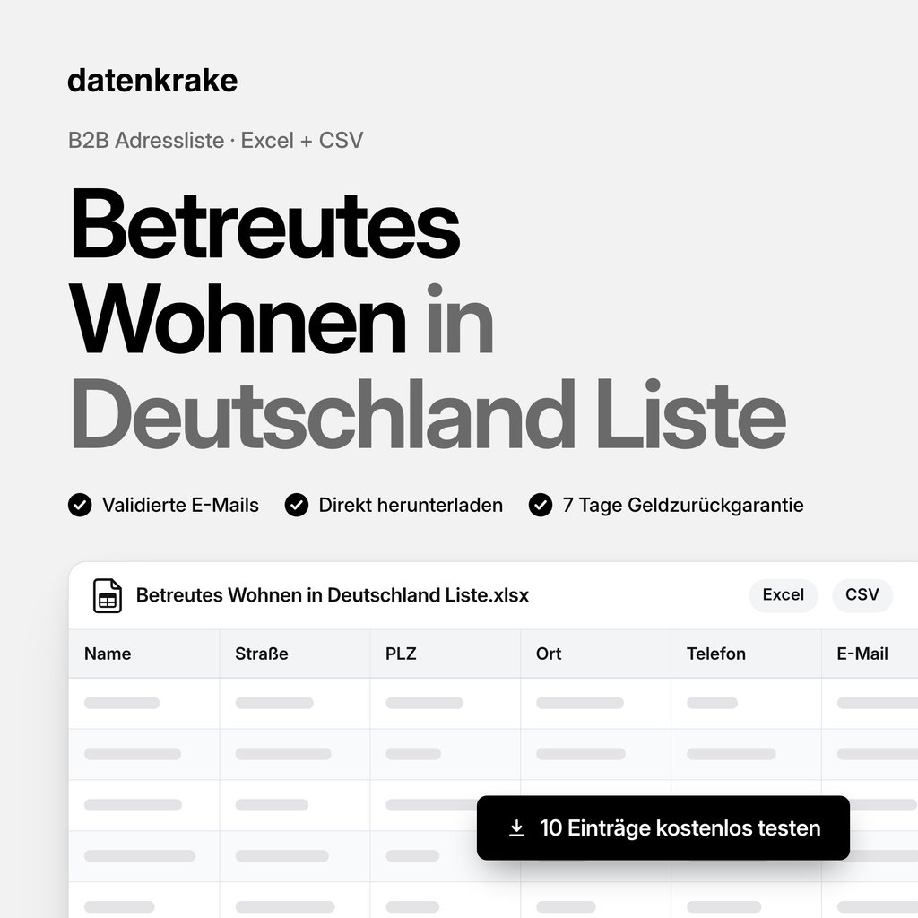 Betreutes Wohnen in Deutschland Liste – B2B Adressliste als Excel und CSV