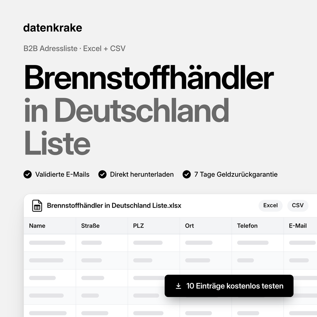 Brennstoffhändler in Deutschland Liste – B2B Adressliste als Excel und CSV