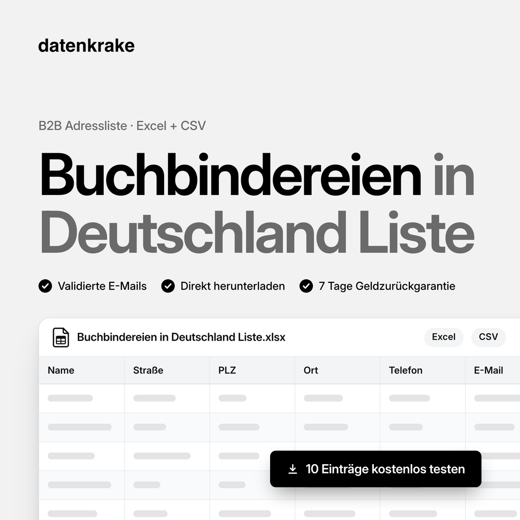Buchbindereien in Deutschland Liste – B2B Adressliste als Excel und CSV