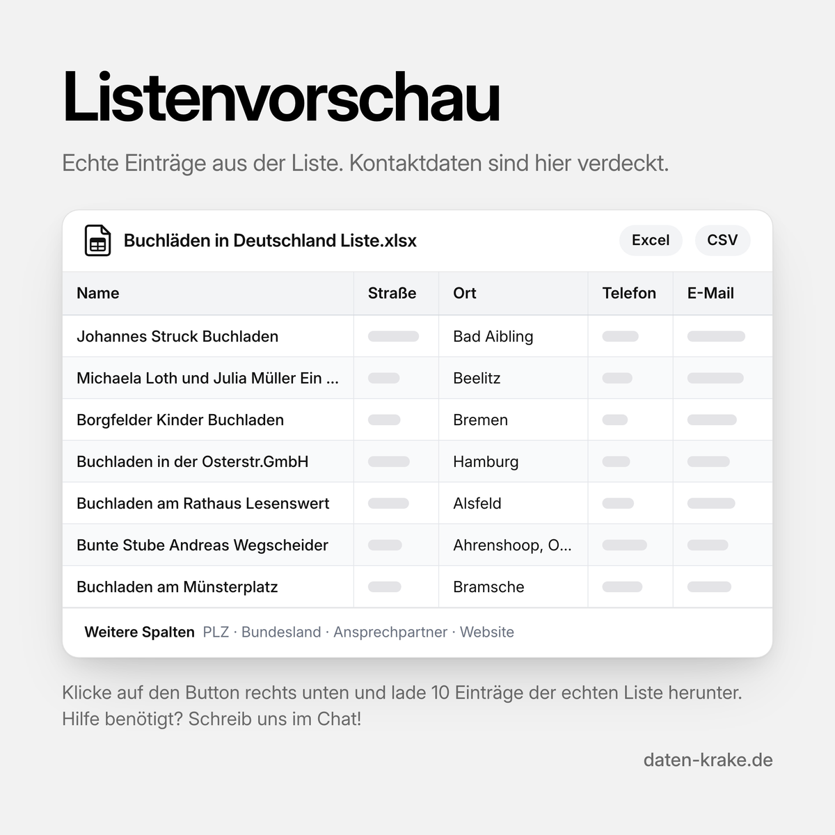 Listenvorschau der Buchläden in Deutschland Liste mit echten Einträgen