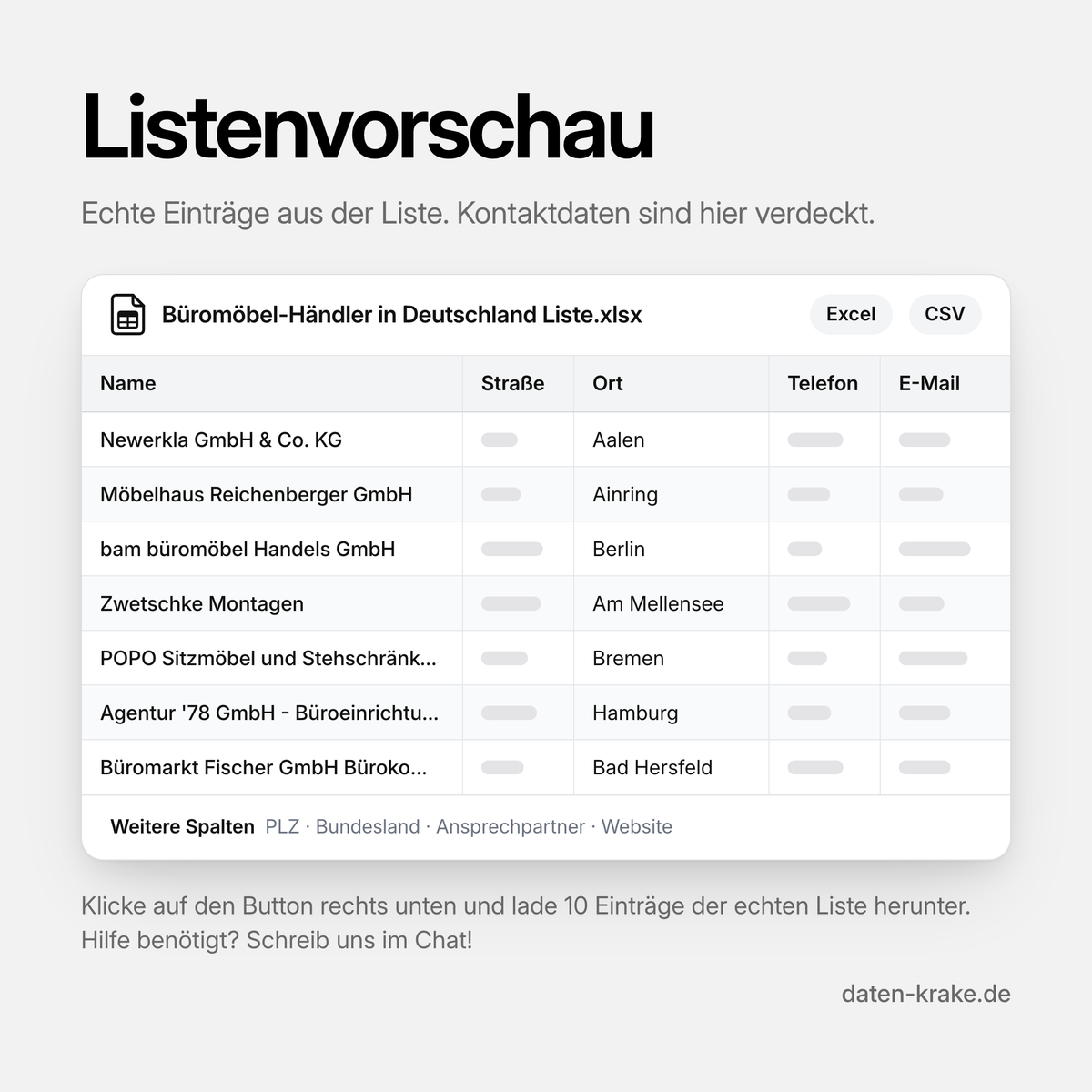 Listenvorschau der Büromöbel-Händler in Deutschland Liste mit echten Einträgen