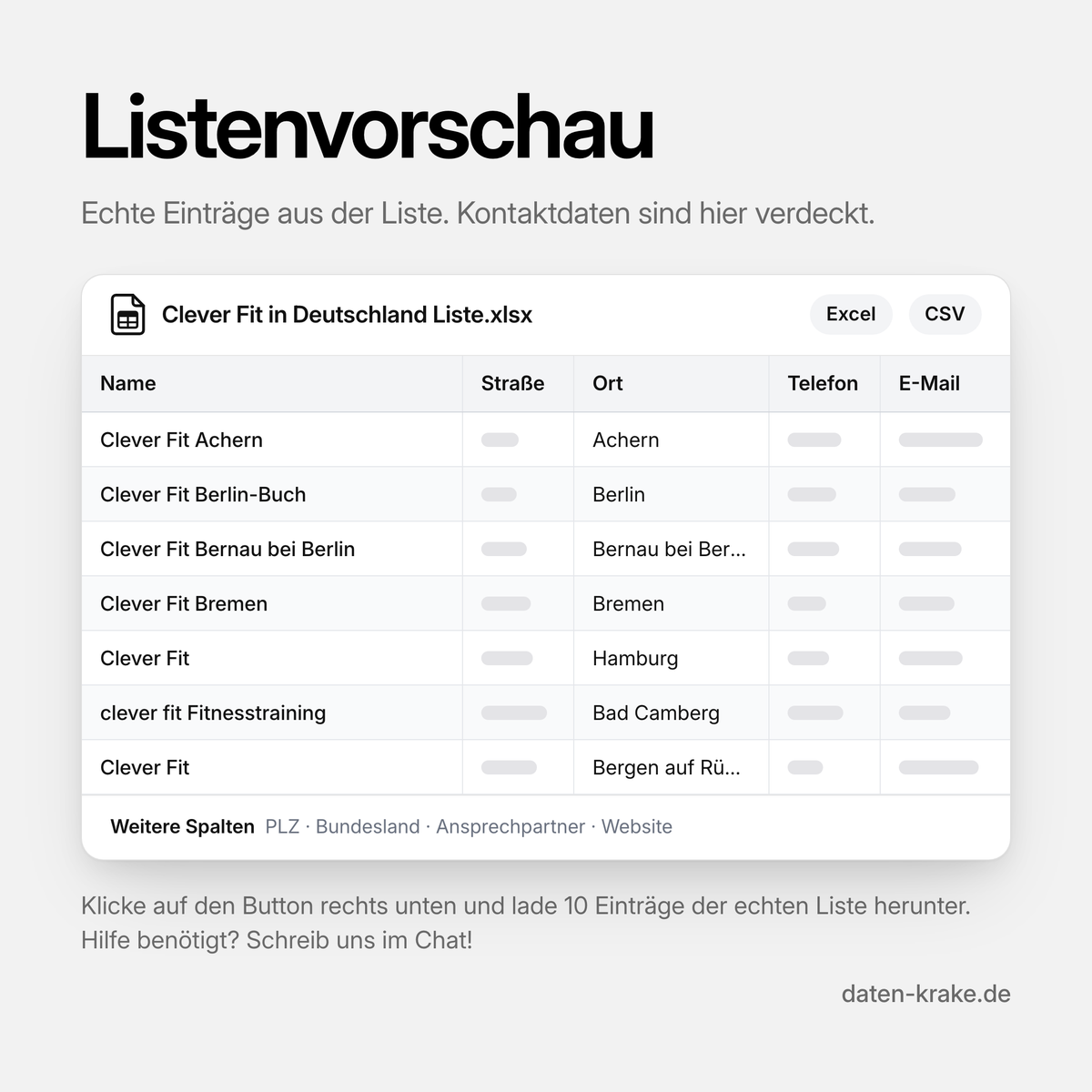 Listenvorschau der Clever Fit in Deutschland Liste mit echten Einträgen