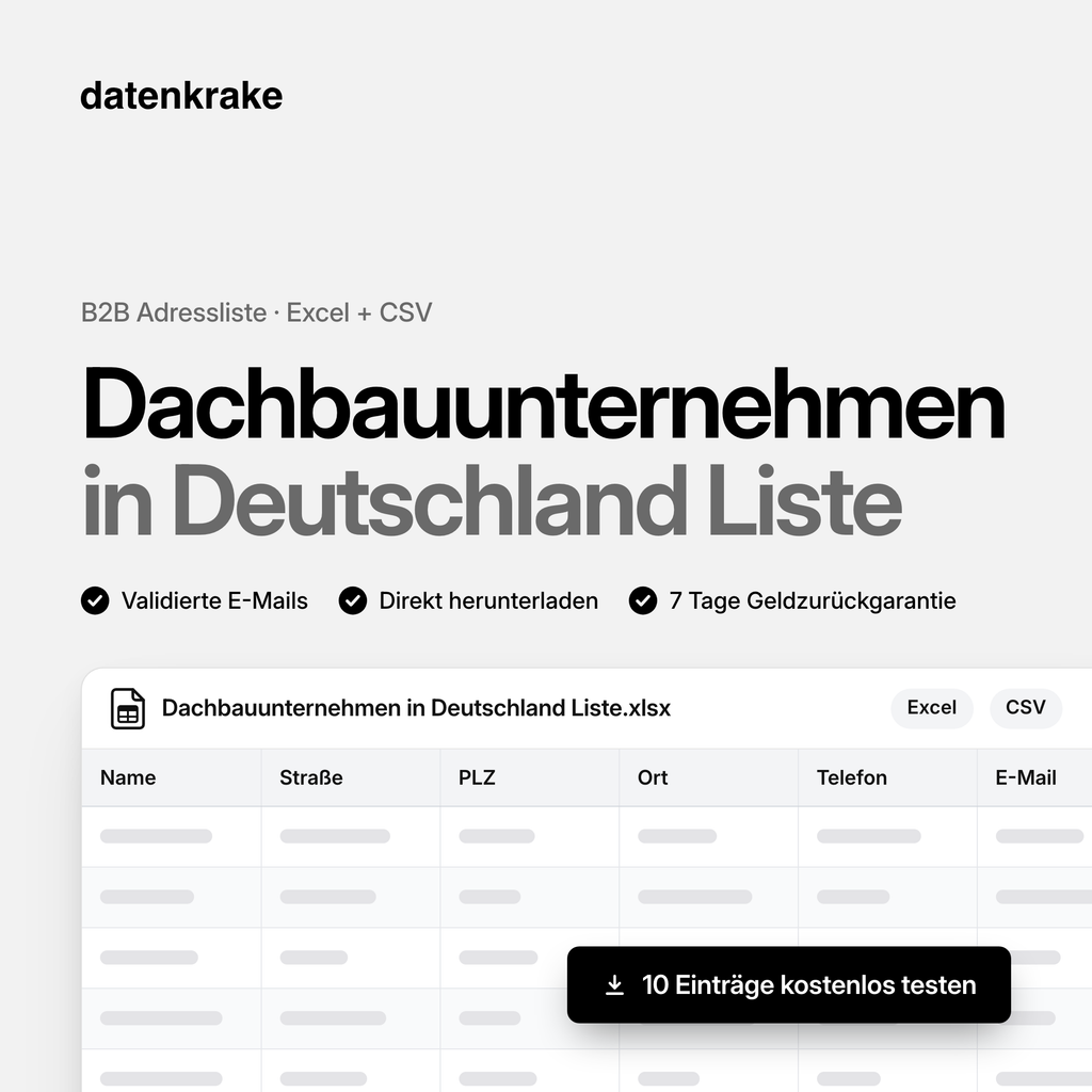 Dachbauunternehmen in Deutschland Liste – B2B Adressliste als Excel und CSV
