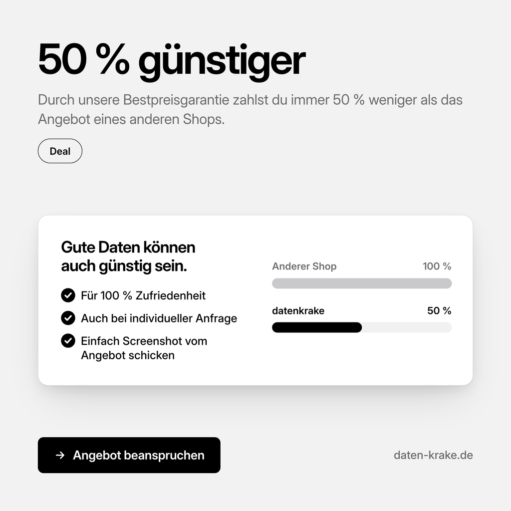 Bestpreisgarantie: 50 % günstiger als die Konkurrenz