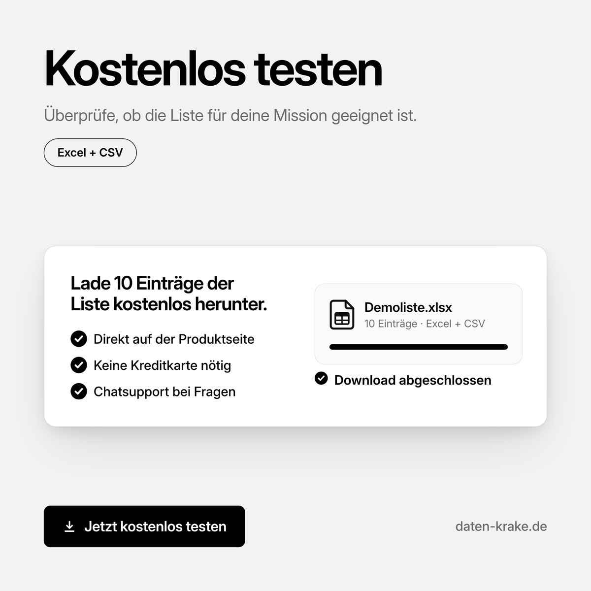 10 Einträge der Firmenliste kostenlos testen, als Excel und CSV