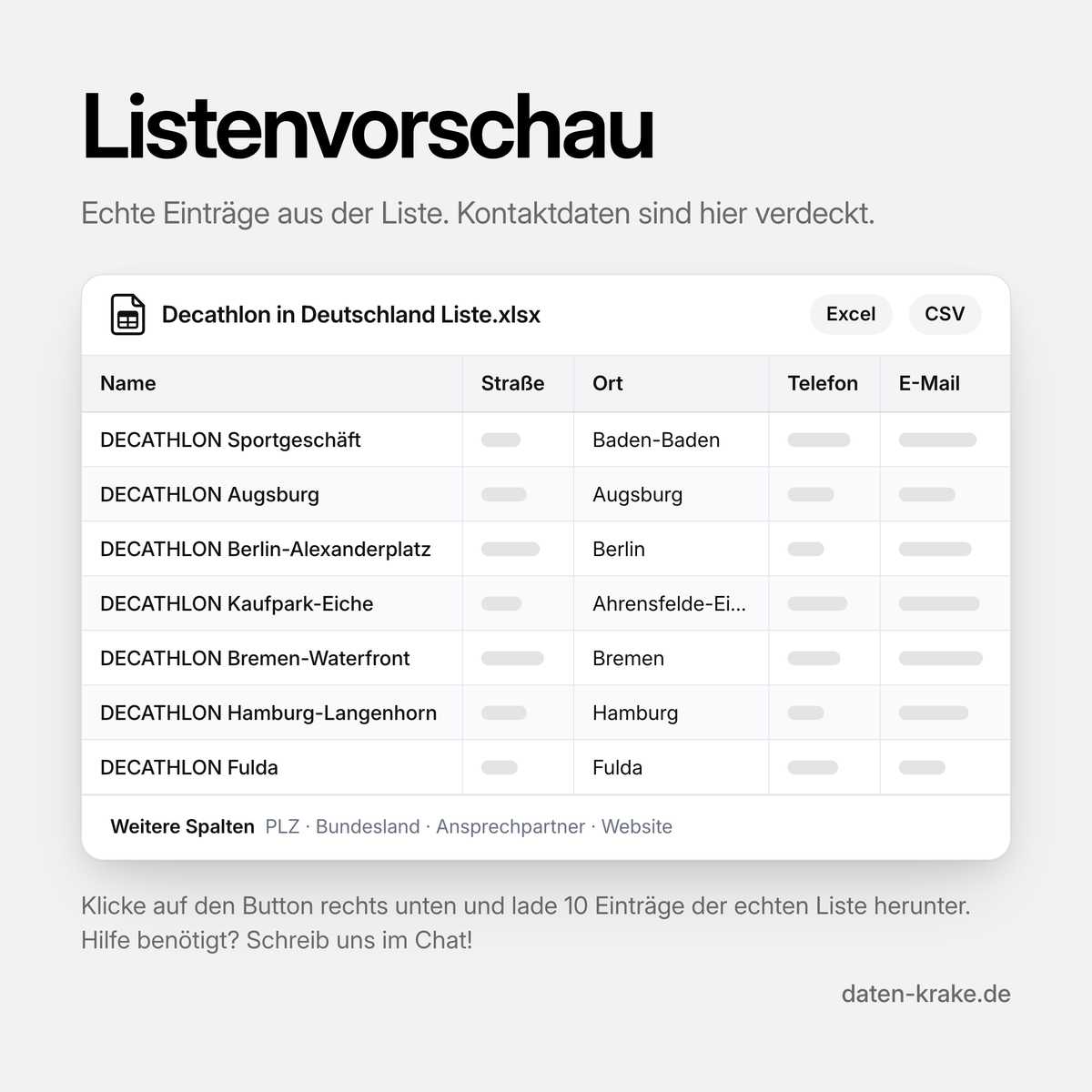 Listenvorschau der Decathlon in Deutschland Liste mit echten Einträgen