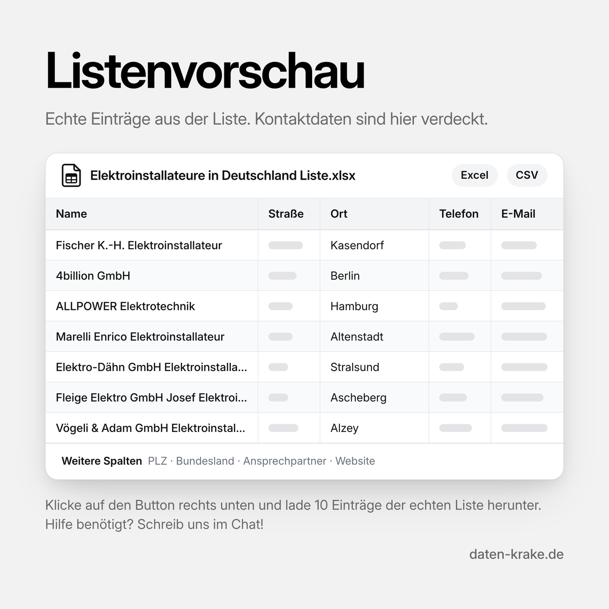 Listenvorschau der Elektroinstallateure in Deutschland Liste mit echten Einträgen