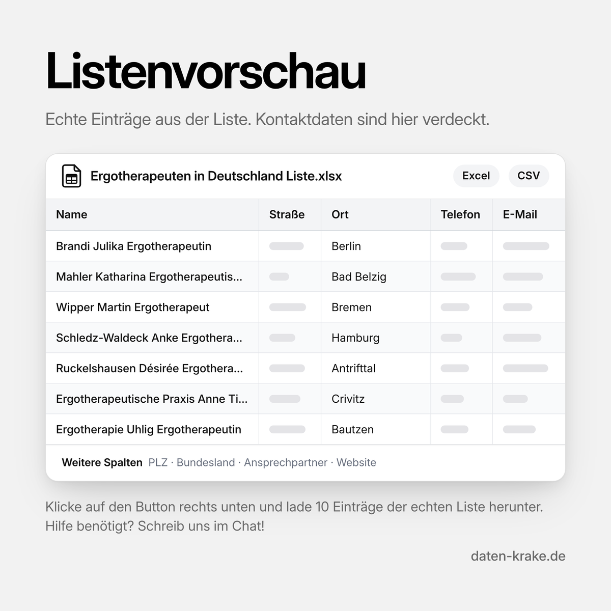Listenvorschau der Ergotherapeuten in Deutschland Liste mit echten Einträgen