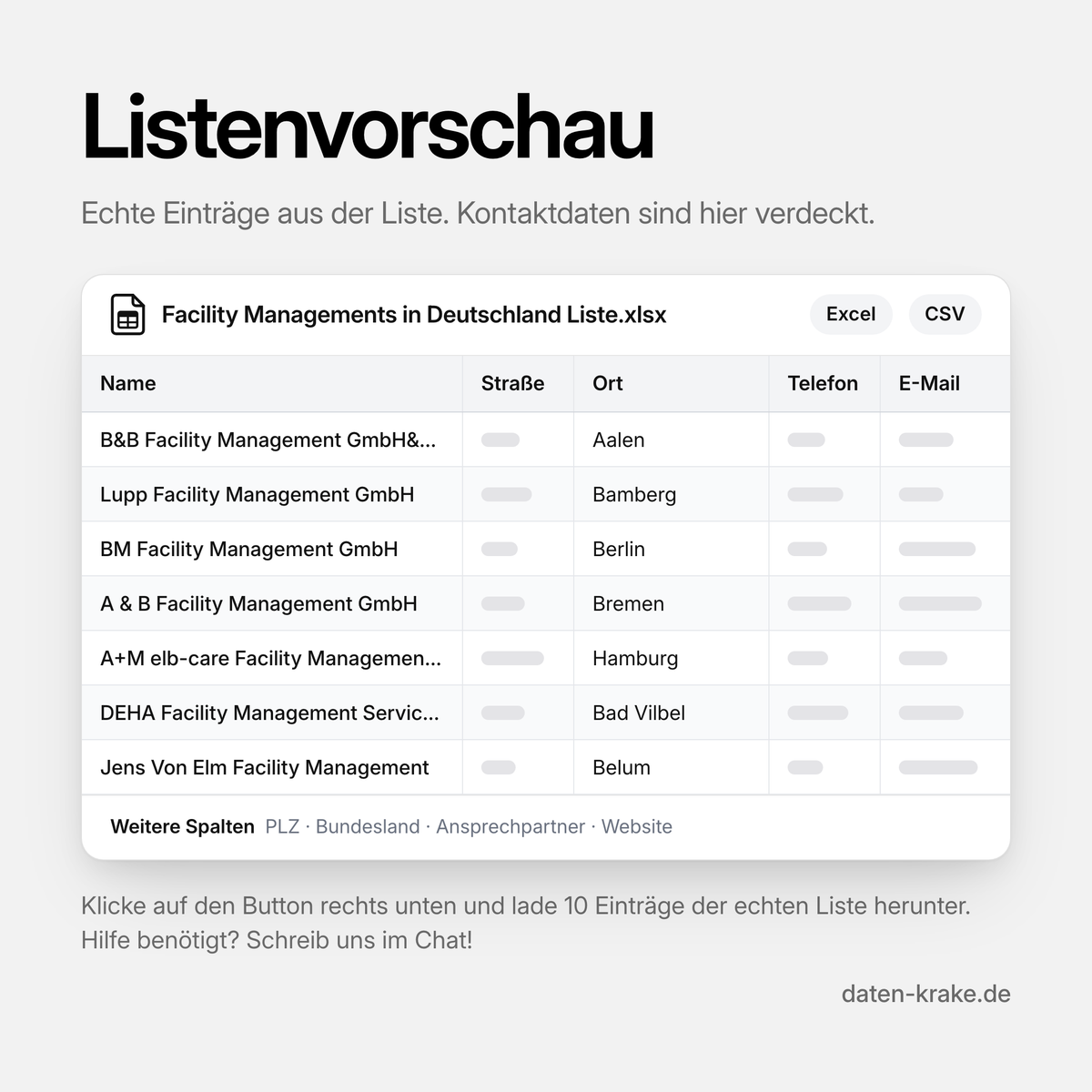 Listenvorschau der Facility Managements in Deutschland Liste mit echten Einträgen