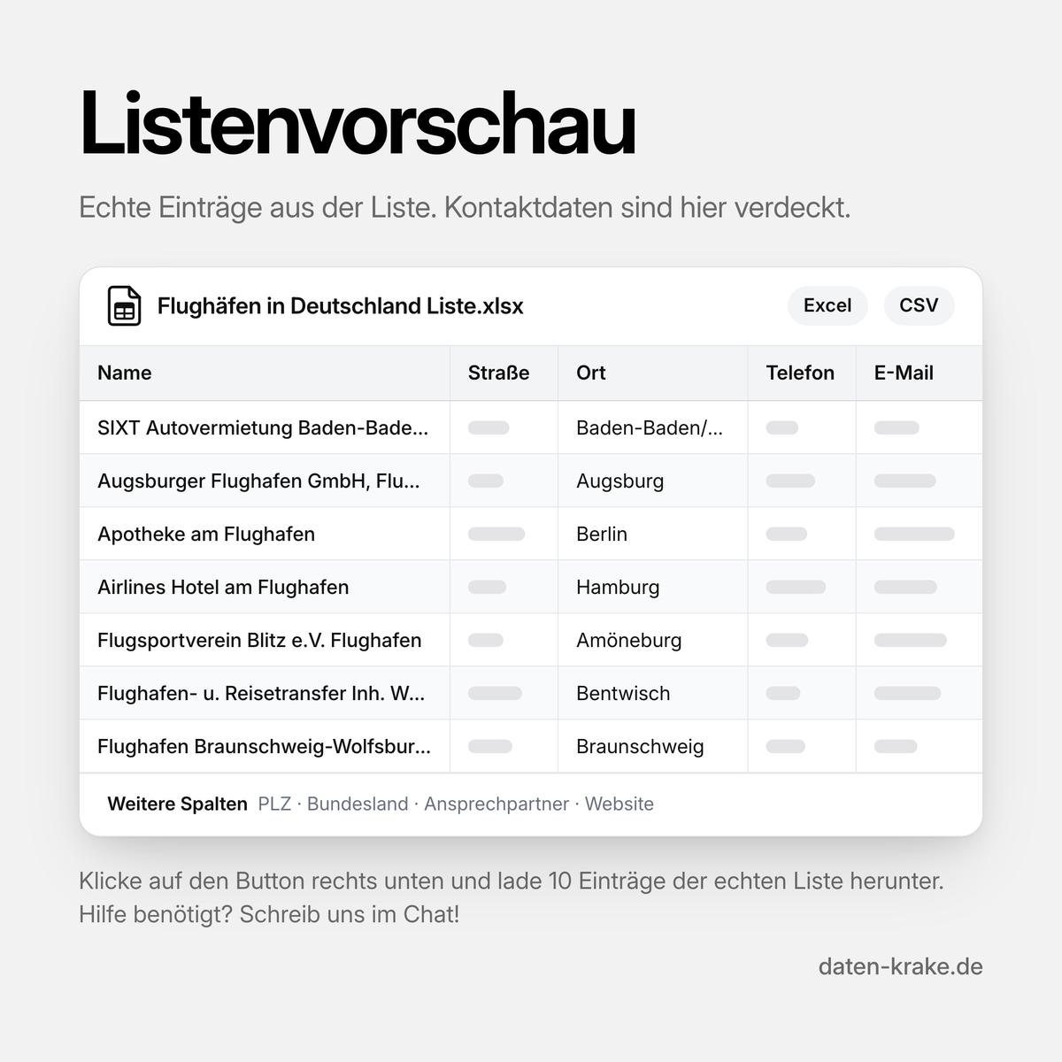 Listenvorschau der Flughäfen in Deutschland Liste mit echten Einträgen