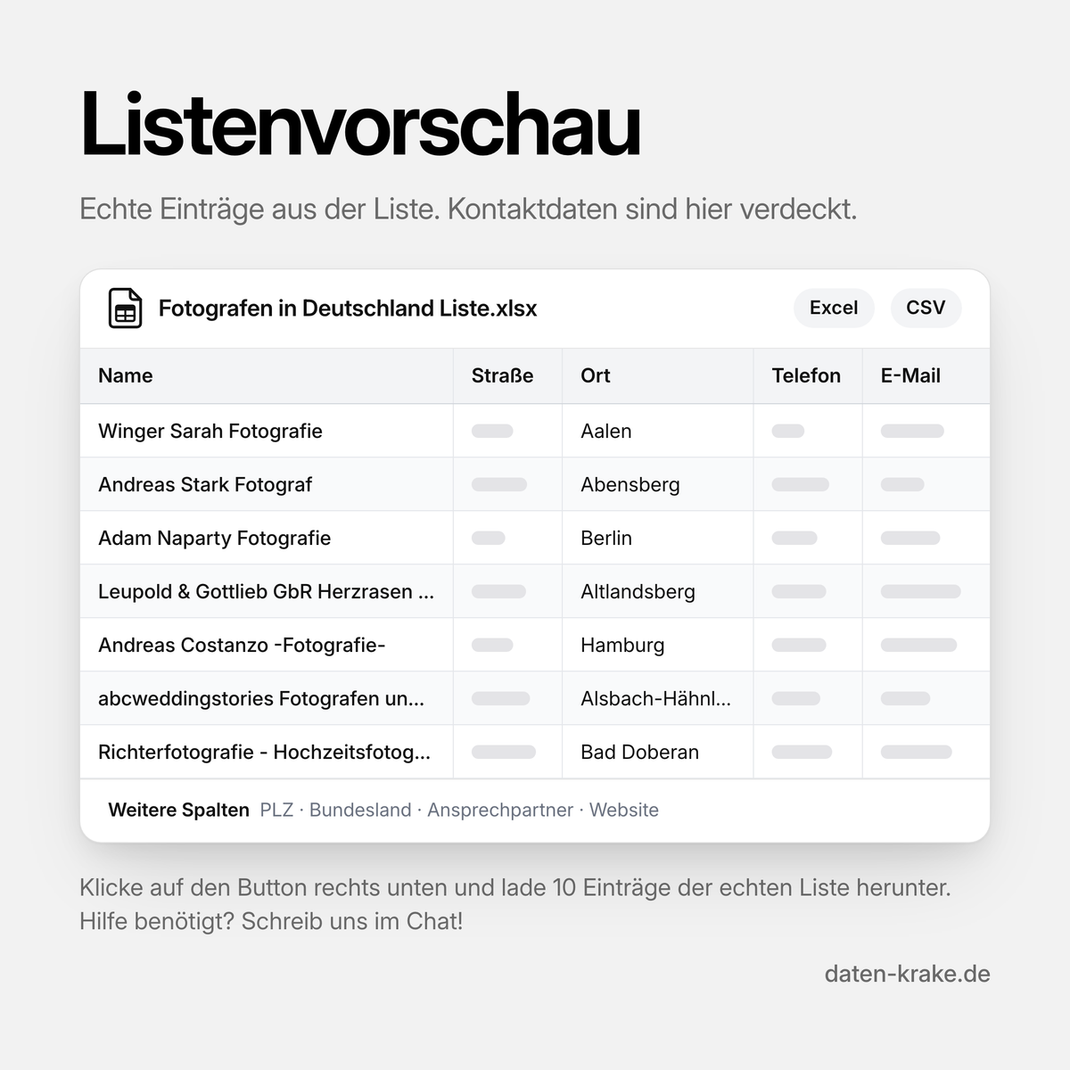 Listenvorschau der Fotografen in Deutschland Liste mit echten Einträgen