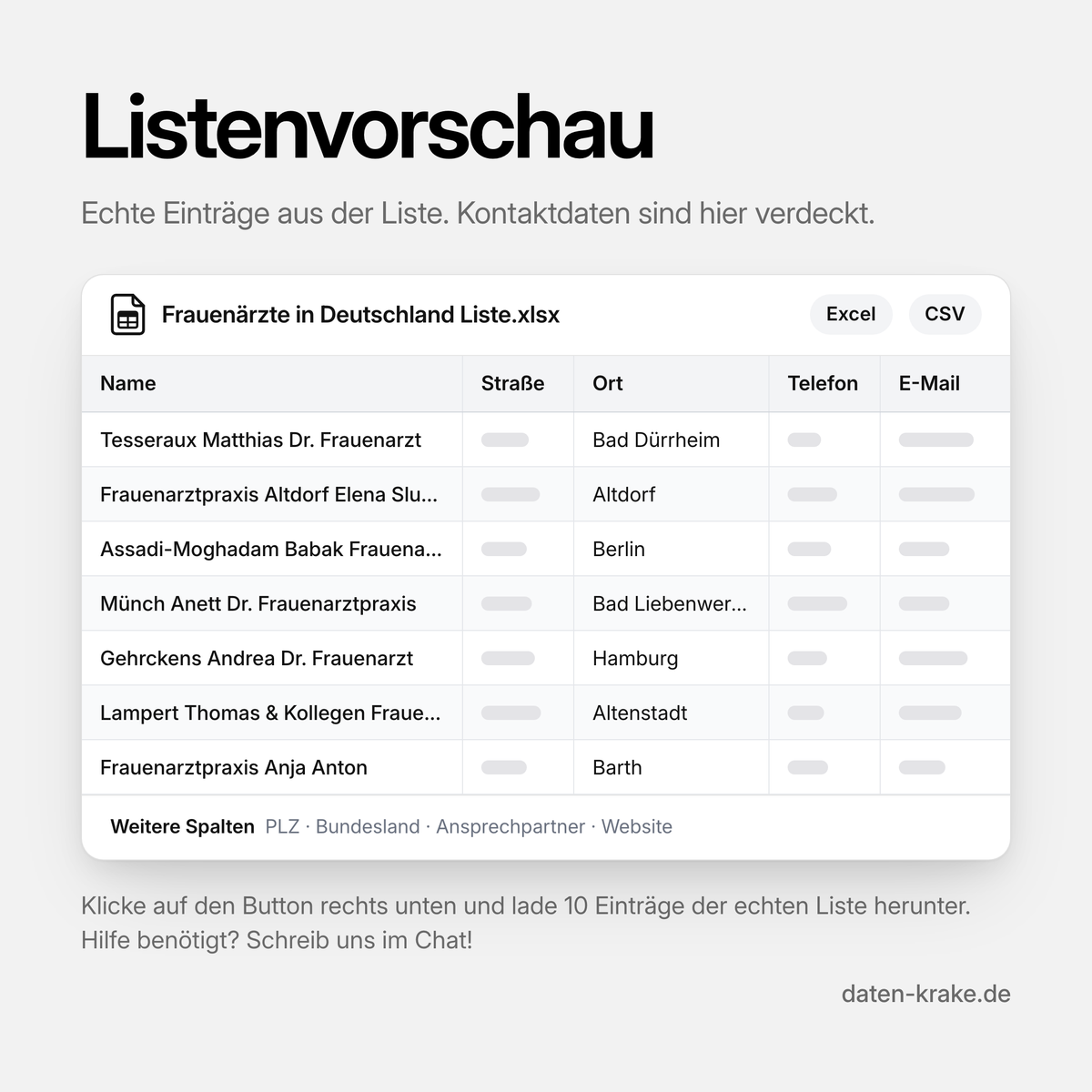 Listenvorschau der Frauenärzte in Deutschland Liste mit echten Einträgen