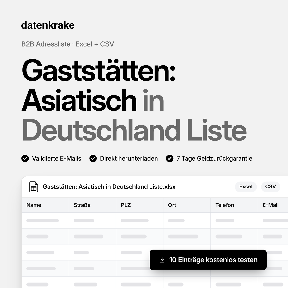 Gaststätten: Asiatisch in Deutschland Liste – B2B Adressliste als Excel und CSV
