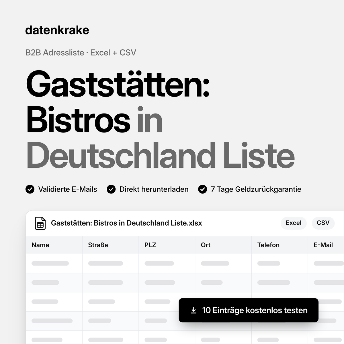 Gaststätten: Bistros in Deutschland Liste – B2B Adressliste als Excel und CSV