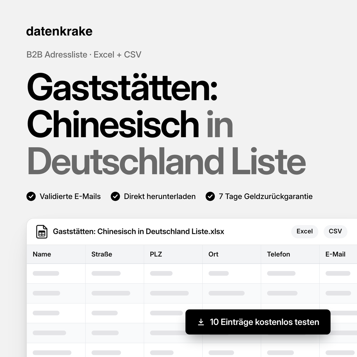Gaststätten: Chinesisch in Deutschland Liste – B2B Adressliste als Excel und CSV