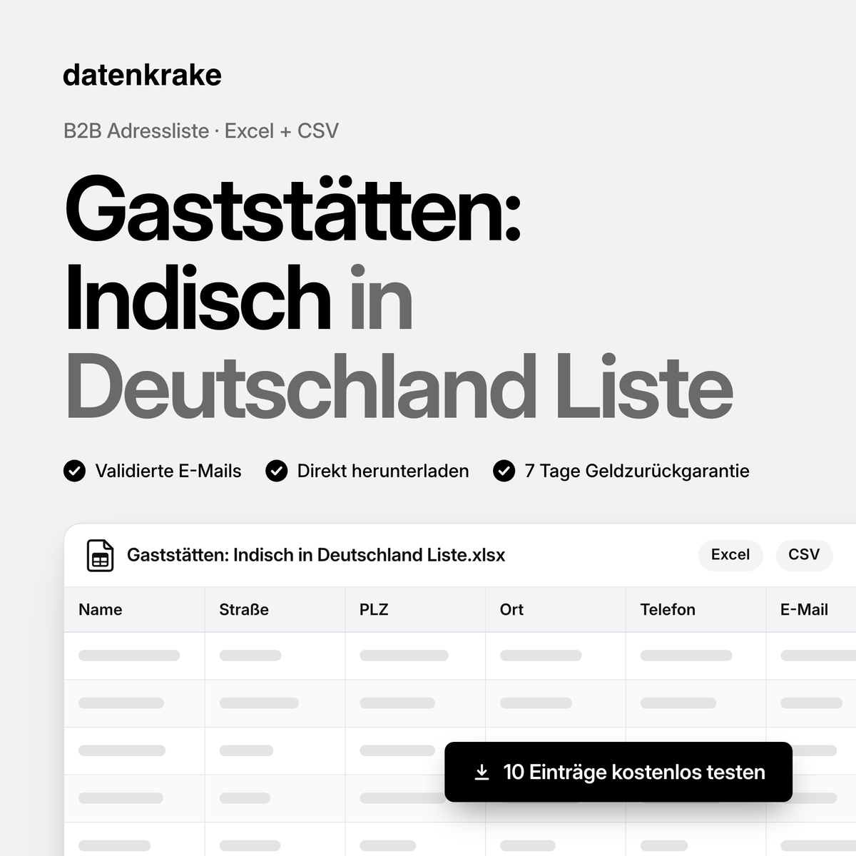 Gaststätten: Indisch in Deutschland Liste – B2B Adressliste als Excel und CSV