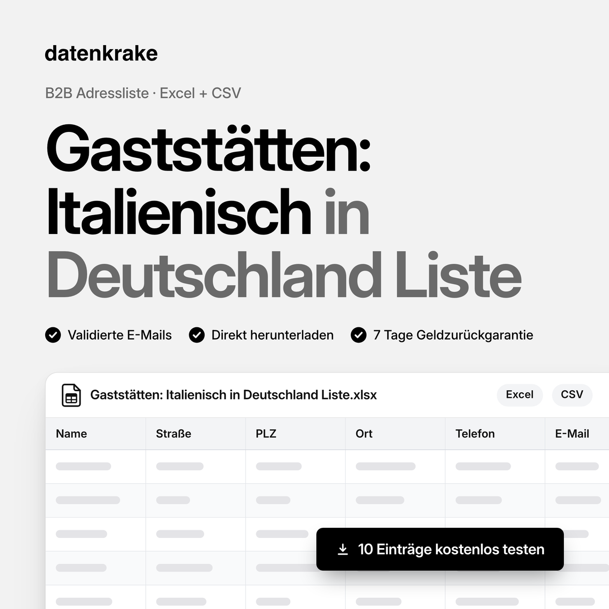 Gaststätten: Italienisch in Deutschland Liste – B2B Adressliste als Excel und CSV