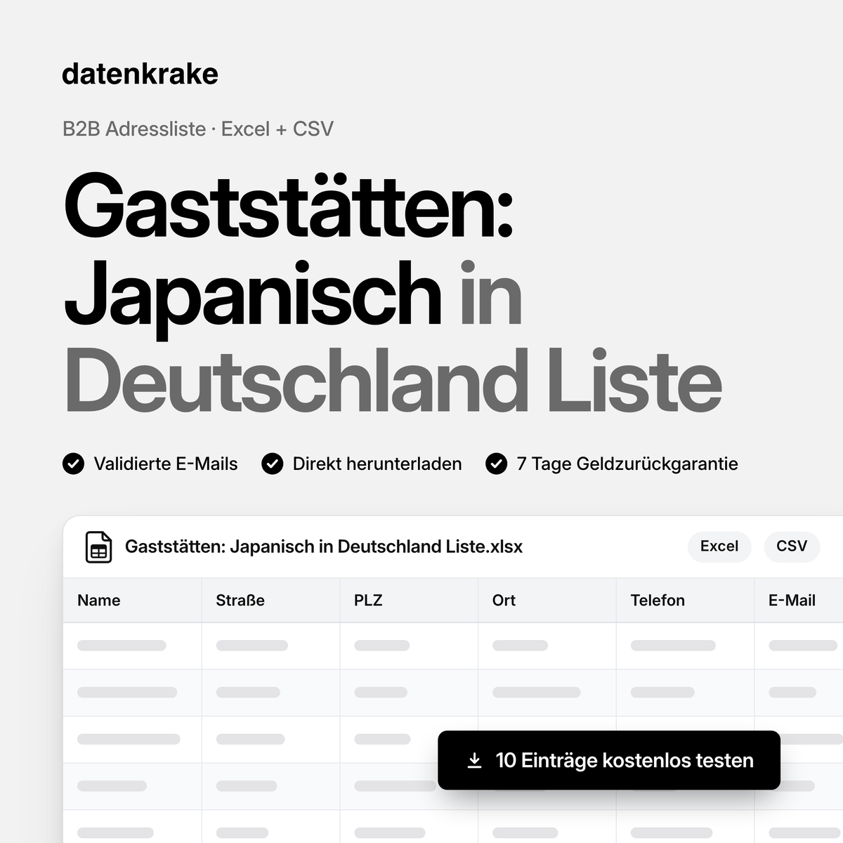 Gaststätten: Japanisch in Deutschland Liste – B2B Adressliste als Excel und CSV