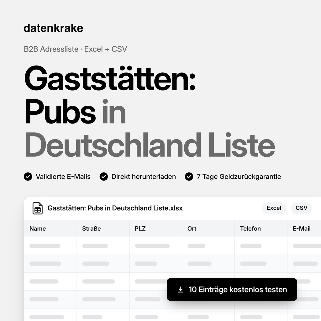 Gaststätten: Pubs in Deutschland Liste – B2B Adressliste als Excel und CSV