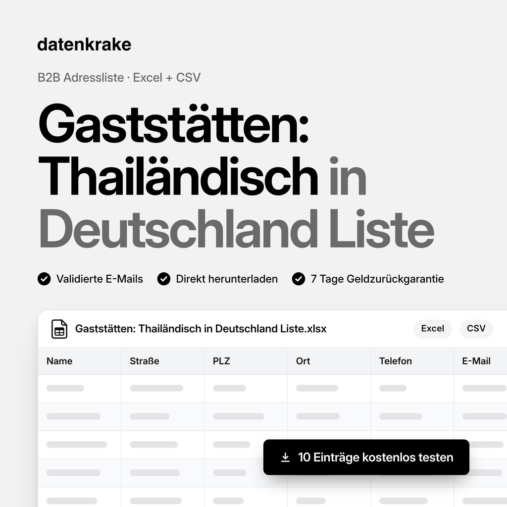 Gaststätten: Thailändisch in Deutschland Liste – B2B Adressliste als Excel und CSV