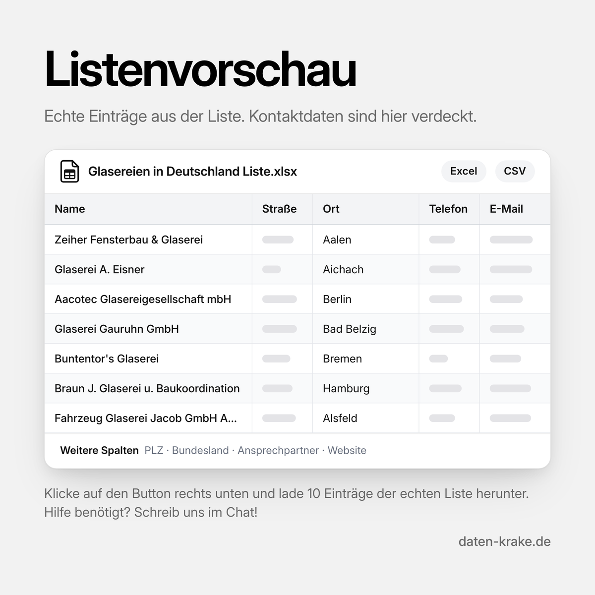 Listenvorschau der Glasereien in Deutschland Liste mit echten Einträgen