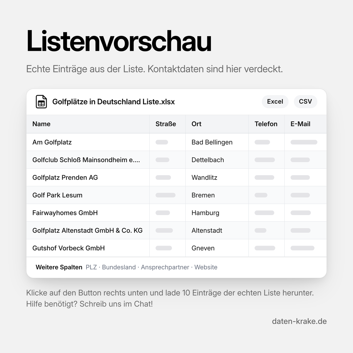 Listenvorschau der Golfplätze in Deutschland Liste mit echten Einträgen
