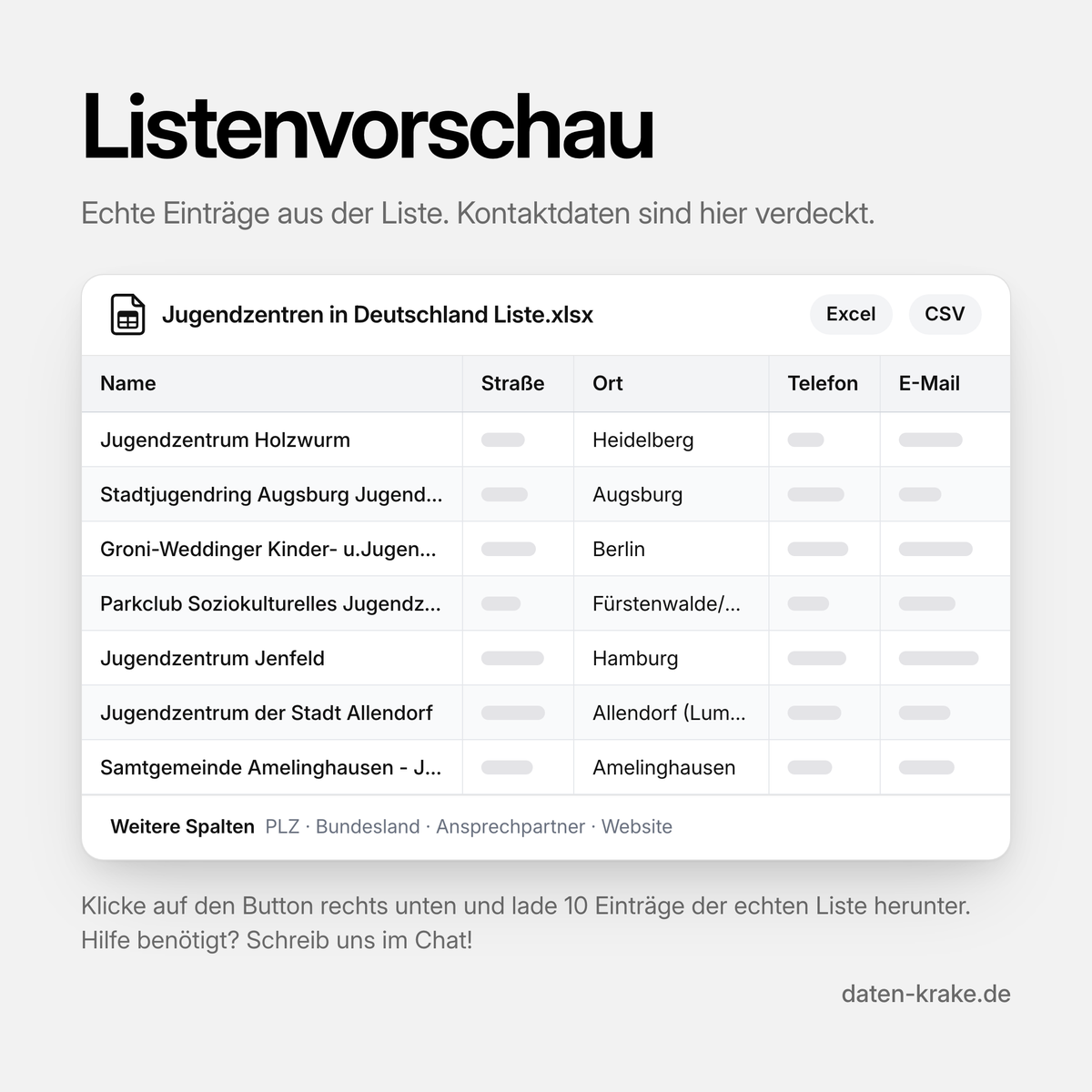 Listenvorschau der Jugendzentren in Deutschland Liste mit echten Einträgen