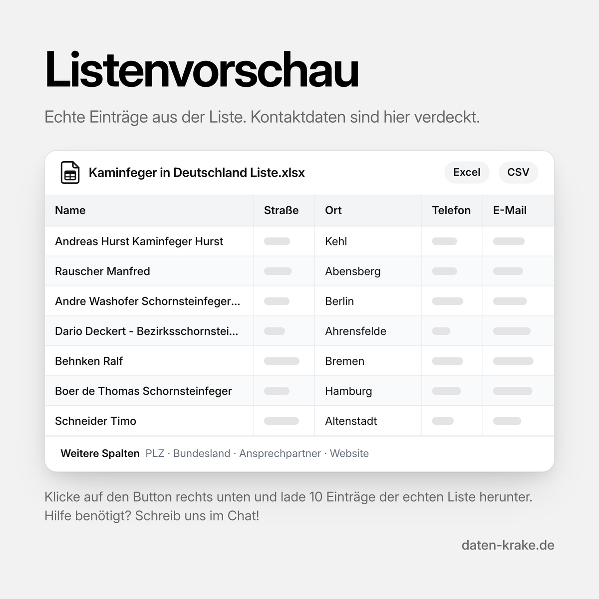 Listenvorschau der Kaminfeger in Deutschland Liste mit echten Einträgen