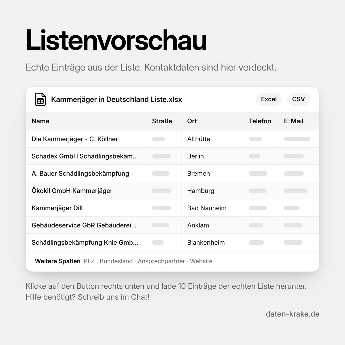 Listenvorschau der Kammerjäger in Deutschland Liste mit echten Einträgen