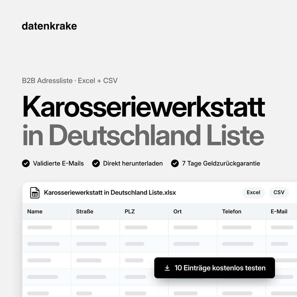 Karosseriewerkstatt in Deutschland Liste – B2B Adressliste als Excel und CSV
