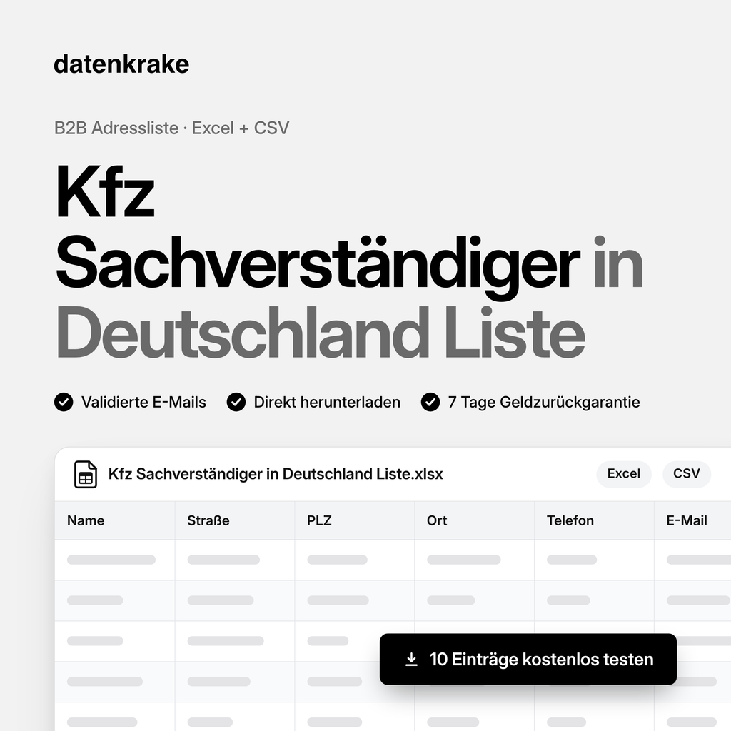 Kfz Sachverständiger in Deutschland Liste – B2B Adressliste als Excel und CSV
