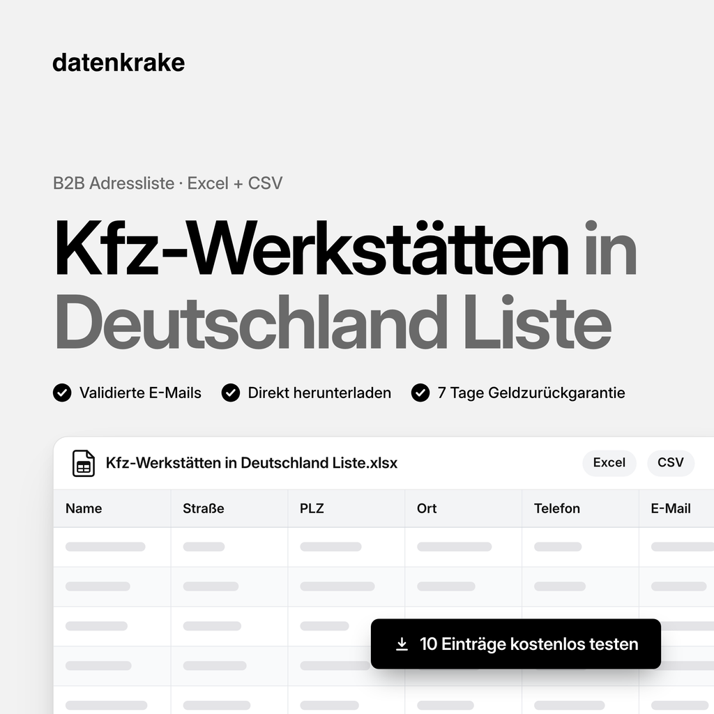 Kfz-Werkstätten in Deutschland Liste – B2B Adressliste als Excel und CSV