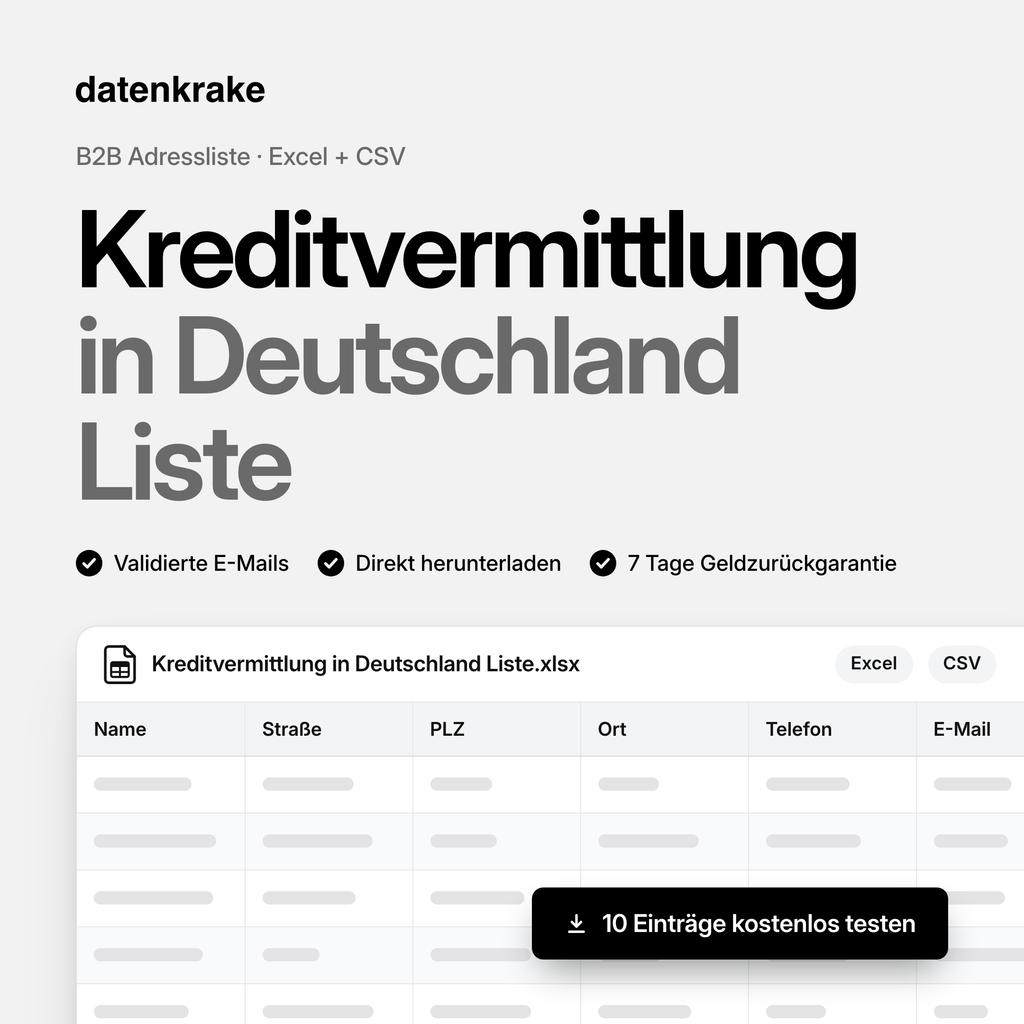 Kreditvermittlung in Deutschland Liste – B2B Adressliste als Excel und CSV