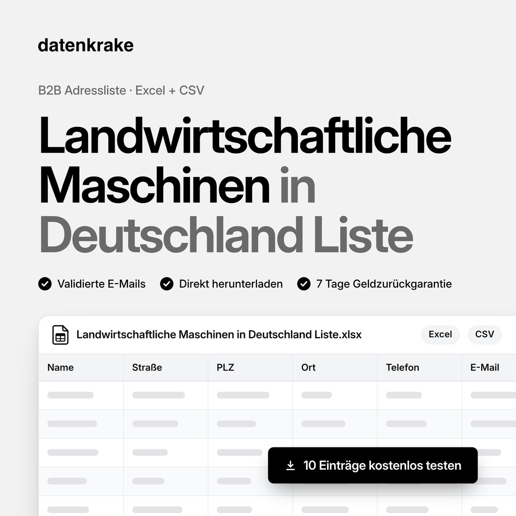 Landwirtschaftliche Maschinen in Deutschland Liste – B2B Adressliste als Excel und CSV