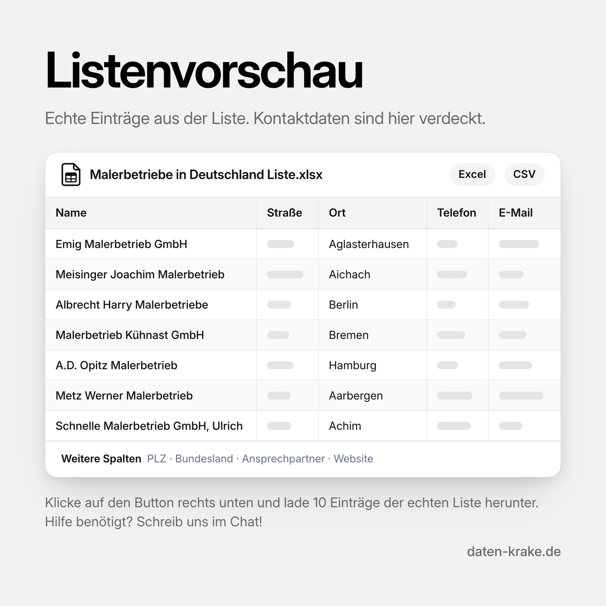 Listenvorschau der Malerbetriebe in Deutschland Liste mit echten Einträgen