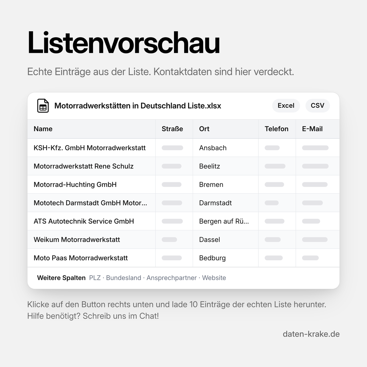 Listenvorschau der Motorradwerkstätten in Deutschland Liste mit echten Einträgen