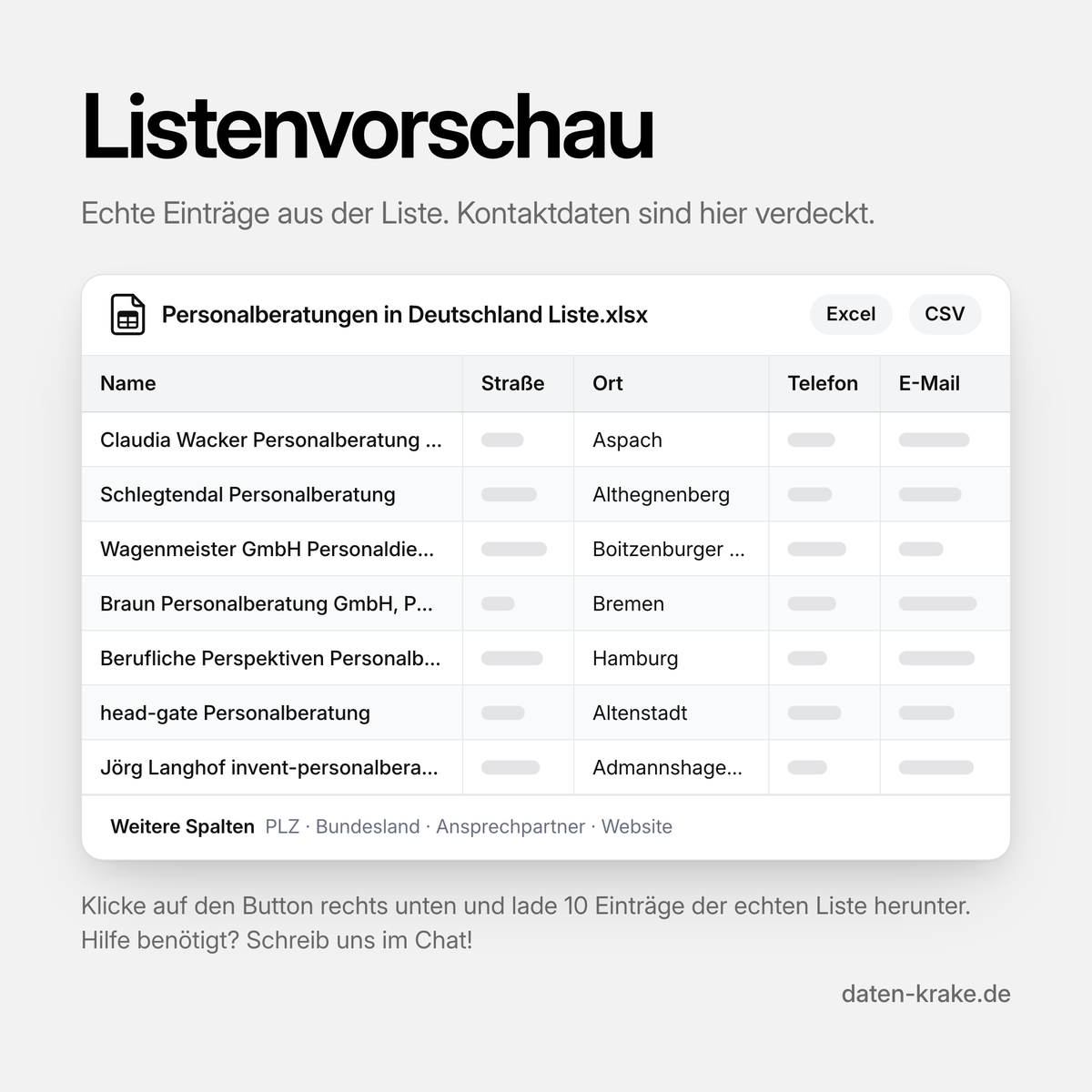 Listenvorschau der Personalberatungen in Deutschland Liste mit echten Einträgen