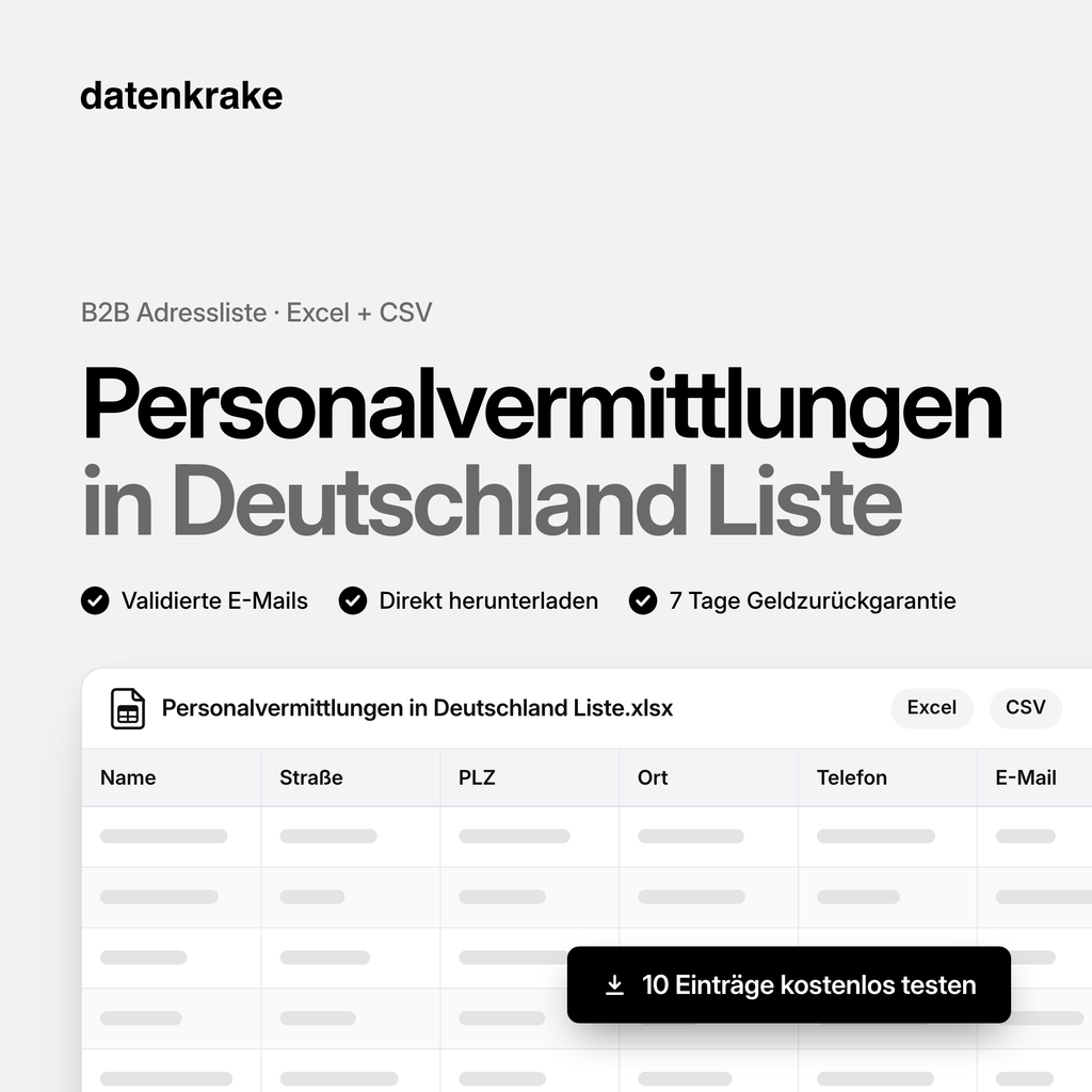 Personalvermittlungen in Deutschland Liste – B2B Adressliste als Excel und CSV