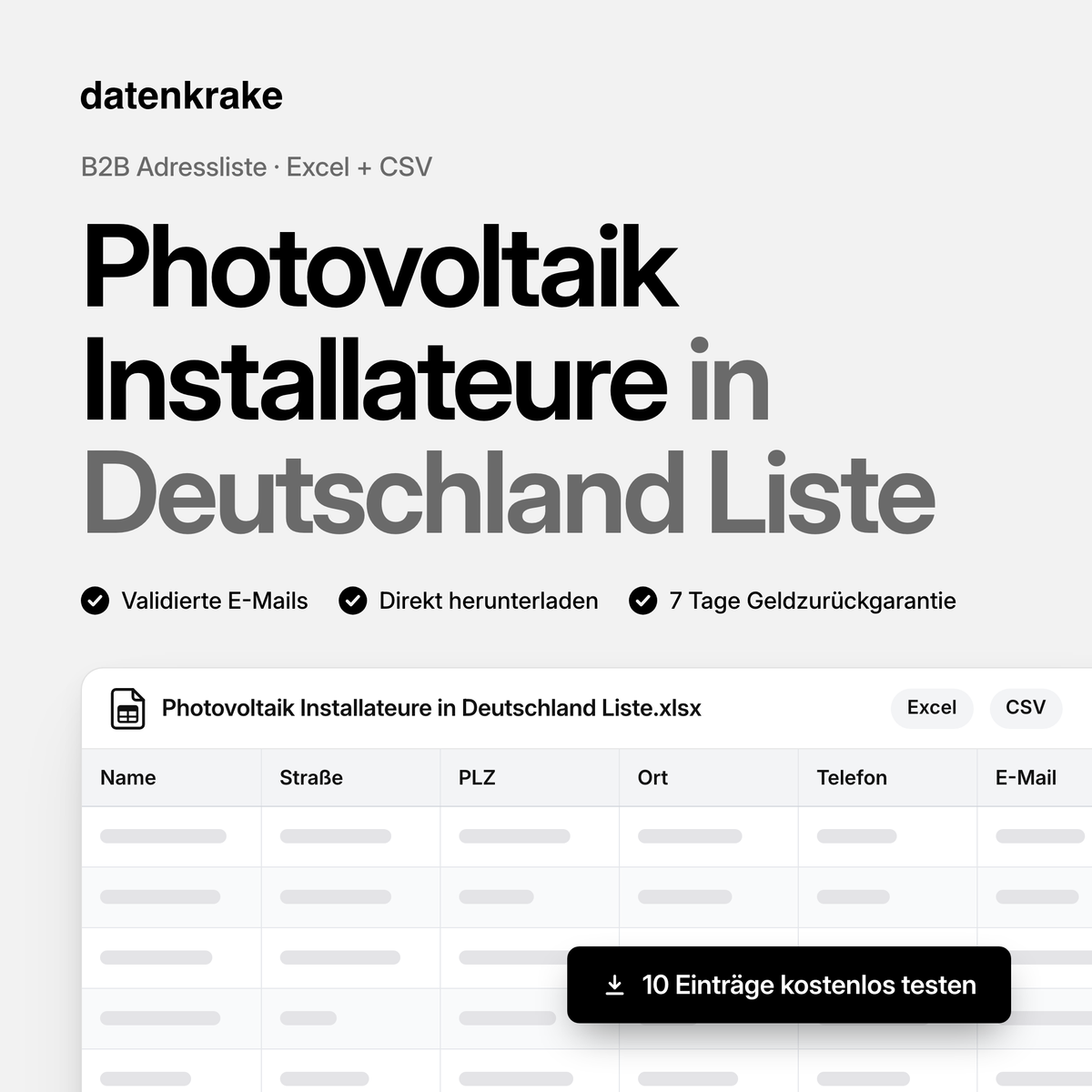 Photovoltaik Installateure in Deutschland Liste – B2B Adressliste als Excel und CSV